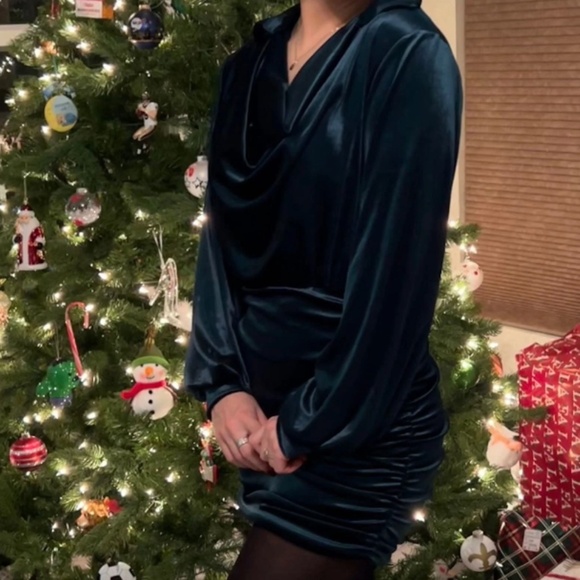 Luxe Dark Green Velvet Drapey Fitted Party Evening Dress - Picture 4 of 9